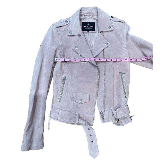 REVIEW Jacket Women’s Small 100% Leather Pink Belted Velour Motorcycle Jacket - Picture 4 of 9